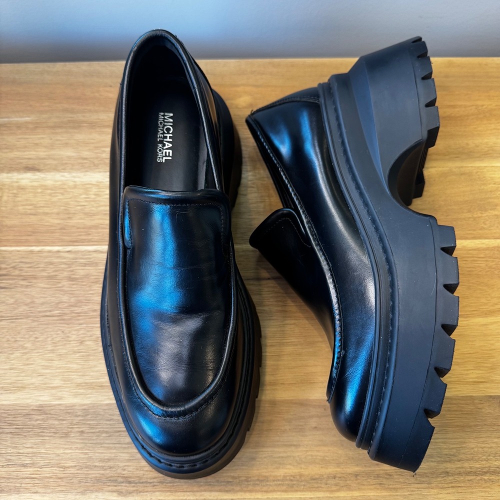 Michael Michael Kors Shiloh‎ Women 8.5 M Black Leather Platform Lug Sole Loafers